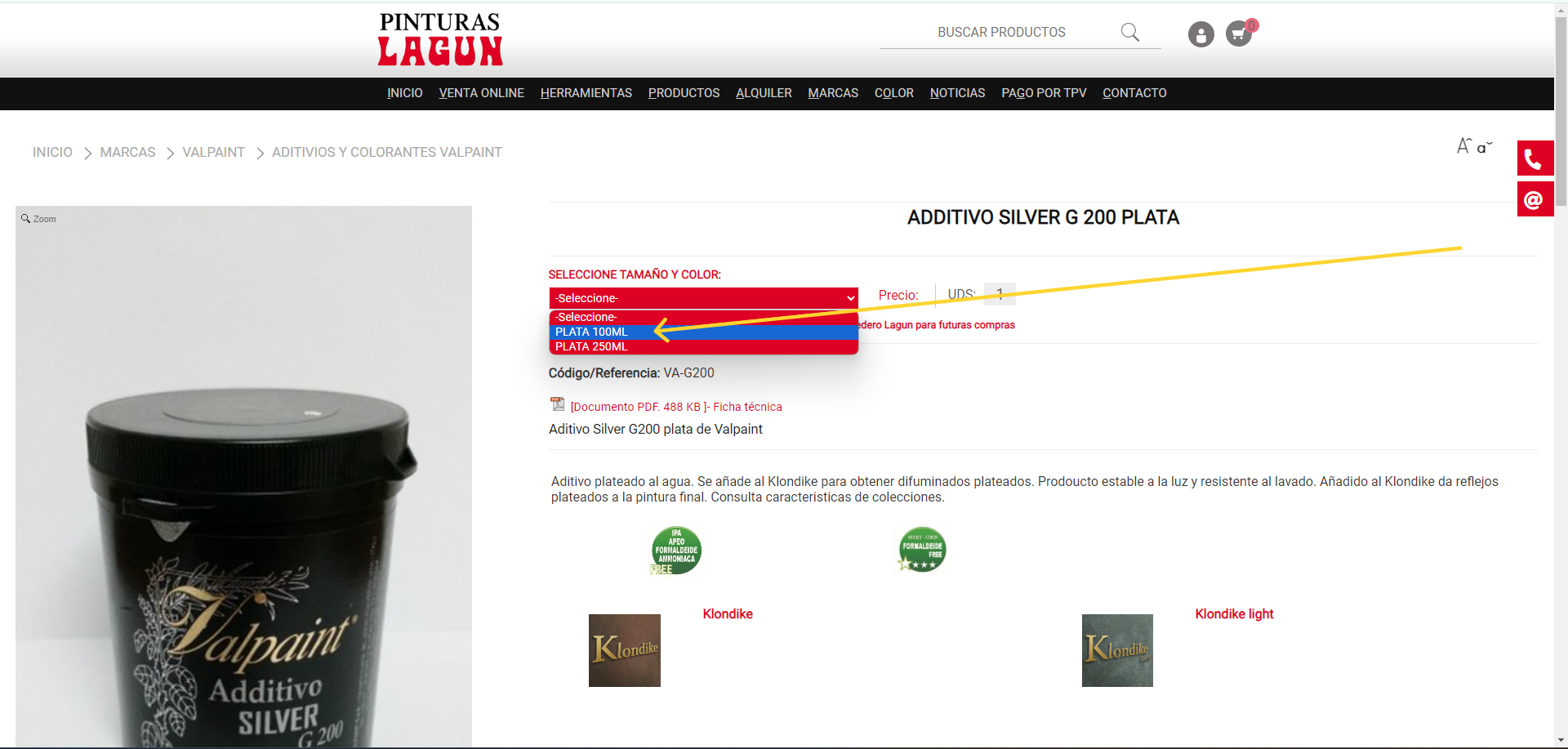 Seleccionar tama&ntilde;o aditivo G